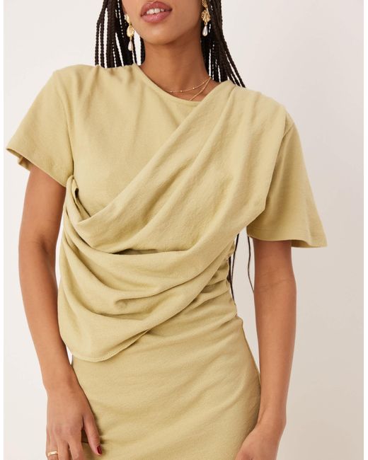 Robe courte texturée à manches courtes drapée sur le devant - olive ASOS en coloris Natural