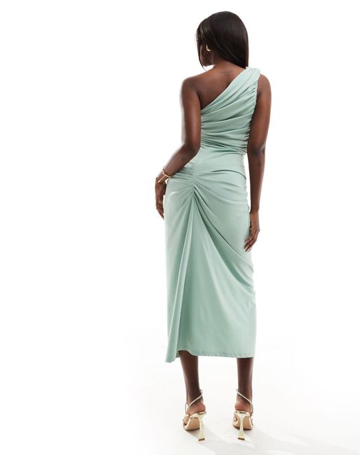 Vestido semilargo asimétrico y ceñido con detalle retorcido y diseño fruncido AX Paris de color Green