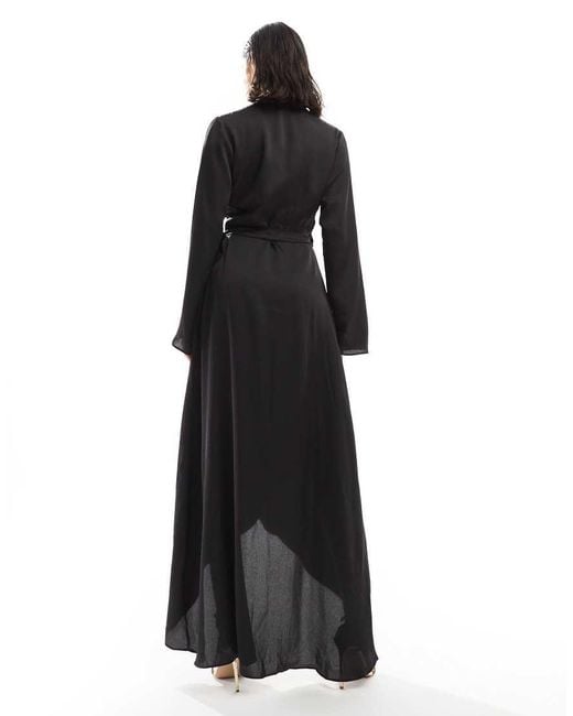 TFNC London Black Satin Long Sleeve Wrap Maxi Dress