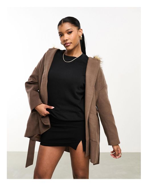 Callie - manteau court habillé avec ceinture et capuche bordée Threadbare en coloris Brown