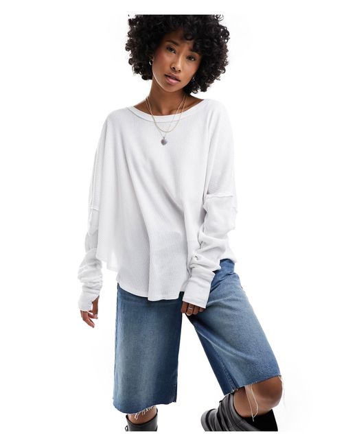 Free People White Soft Scoop Neck Long Sleeve Slouchy Top