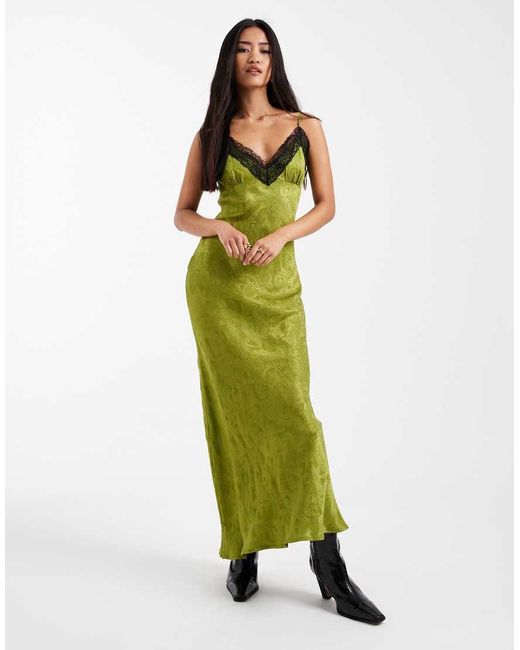 Miss Selfridge Green Jacquard And Lace Midi Dress