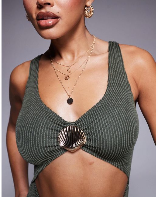 South Beach Gray Crinkle Stripe Cut Out Swimsuit