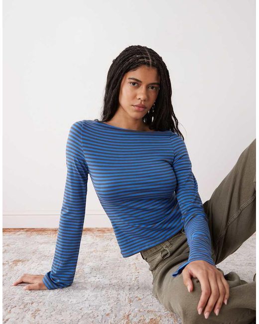Weekday Blue Annie Soft Boat Neck Long Sleeve Top