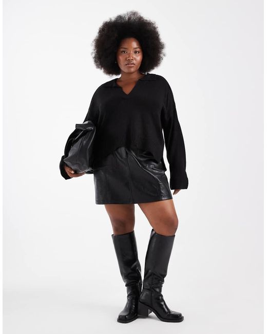 Brave Soul Black Brave Soul Curve Knitted Jumper With Polo Neck And Wide Sleeve
