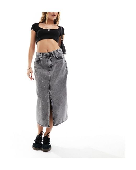 ONLY Gray Studded Denim Midi Skirt With Front Slit