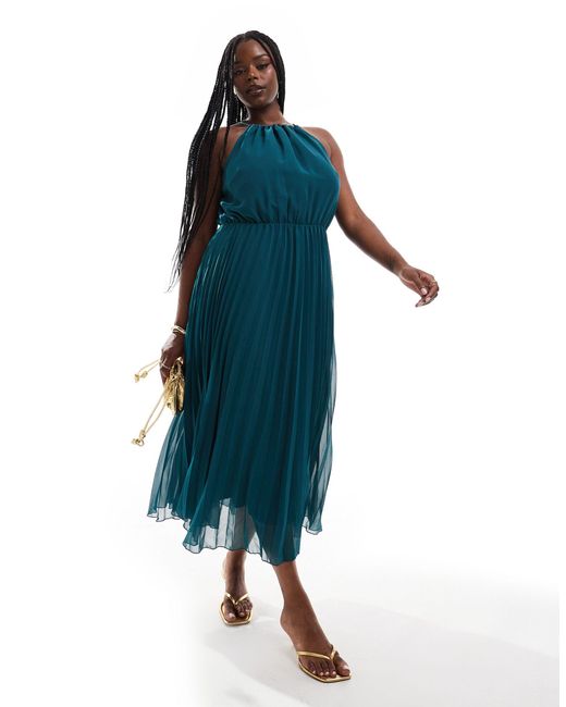 Asos design curve robe mi longue plissee en mousseline a encolure licou vert bouteille ASOS en coloris Bleu Lyst