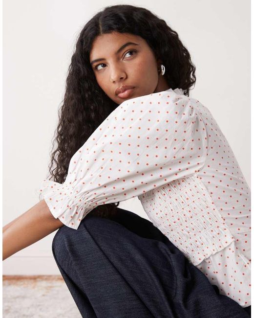 Collusion White Shirred Polka Dot Blouse