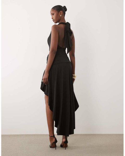 Murci Natural Slinky Cowl Halterneck Plunge Detail Ruffle High-low Maxi Dress