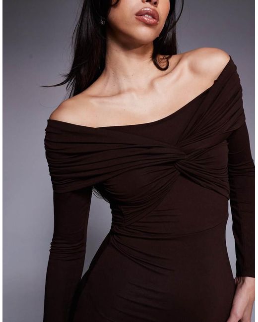 ASOS Brown Off Shoulder Twist Mini Dress With Long Sleeves