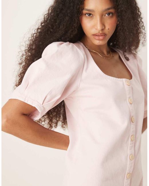 ASOS Pink Denim Button Through Mini Dress With Puff Sleeves