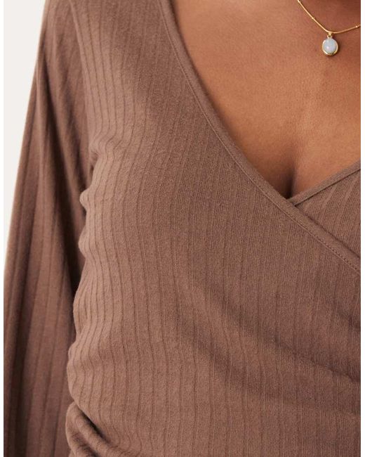 ASOS Brown Brushed Rib Wrap Detail Long Sleeve Top