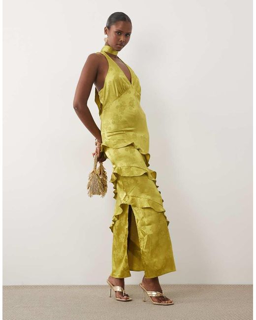 Y.A.S Green Halter Neck Jacquard Ruffle Maxi Dress