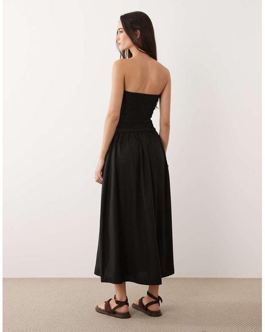 Brave Soul Black Strapless Midi Dress With Shirred Bodice
