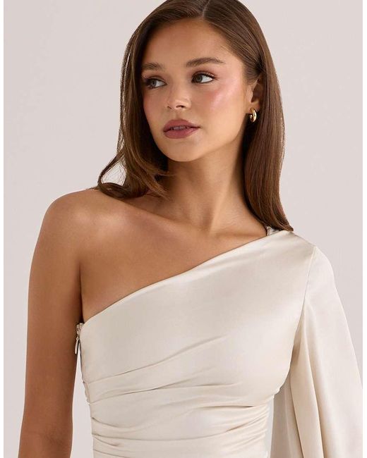 House Of Cb Natural Nicolette Oyster Satin One Sleeve Asymmetric Draped Top