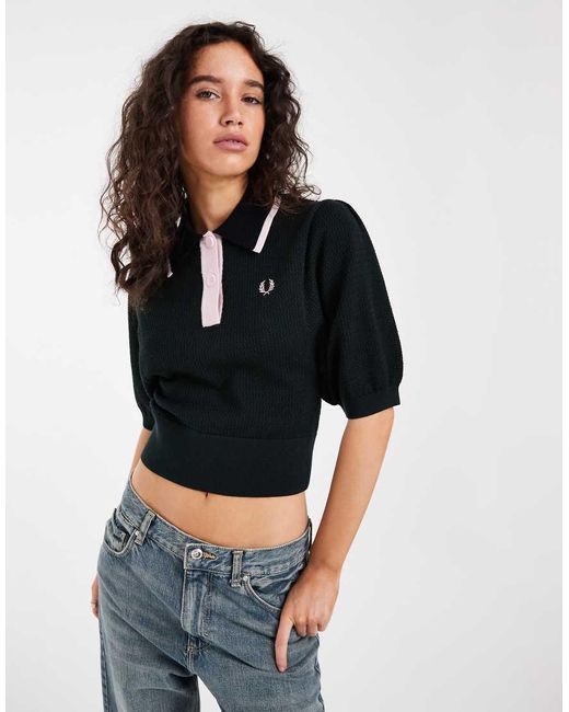 Fred Perry Black Colour Block Pointelle Knitted Shirt