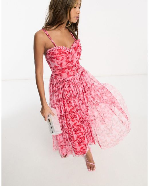 LACE & BEADS Pink Corset Tulle Midi Dress