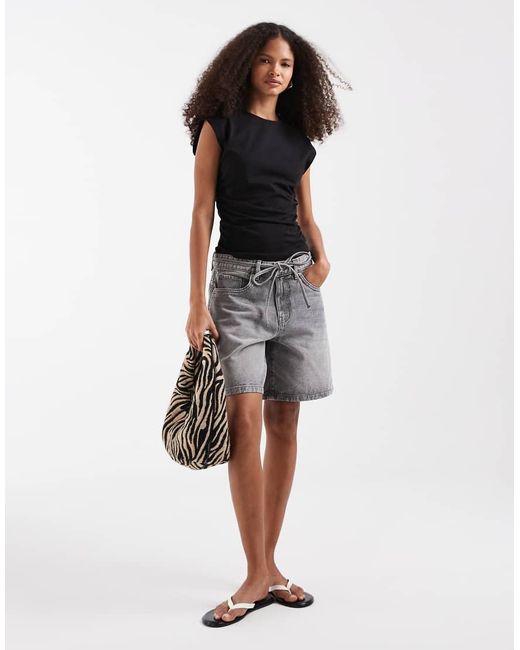 Vero Moda Gray Wien Mid Rise Belted Denim Shorts