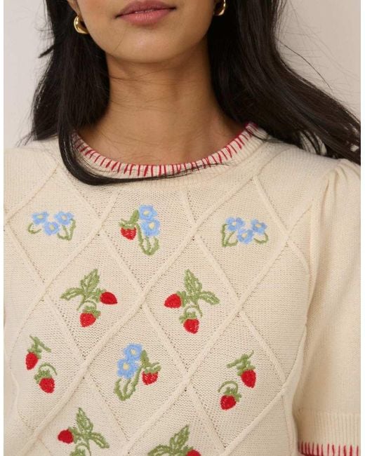 Nobody's Child Natural Strawberry Embroidered Knitted T-Shirt