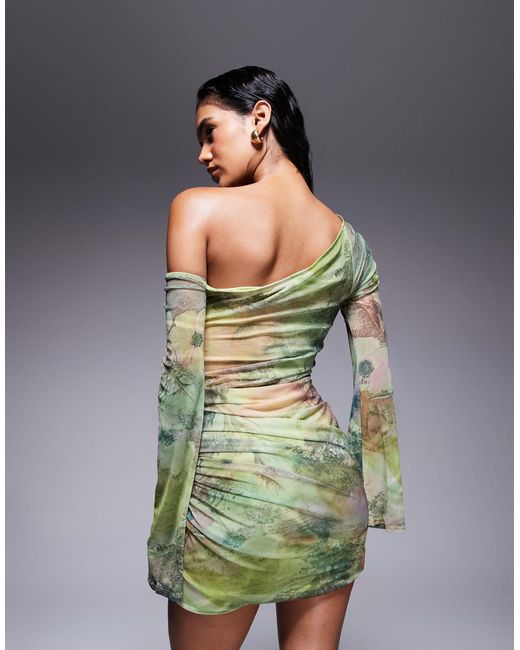 ASOS Green Off Shoulder Mesh Mini Dress With Ruffle Flute Sleeve