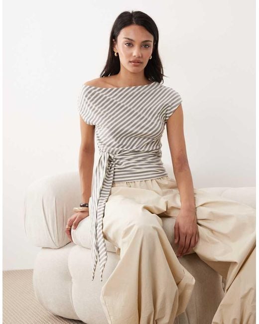 Gina Tricot Natural Asymmetric Shoulder Top With Tie Waist Detail