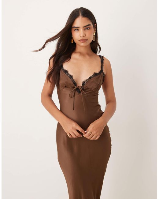 ASOS Natural Lace Trim Satin Slip Maxi Dress