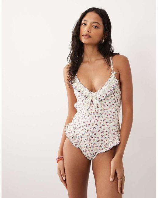 For Love & Lemons White Cherry Mae Ribbon Detail Tie Back Swimsuit