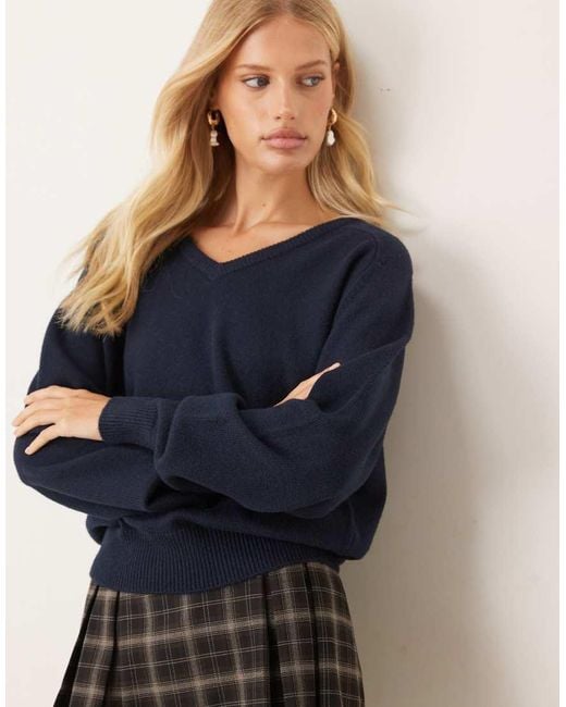 Gina Tricot Gebreide Sweater Met Lange Mouwen En V-Hals in het Blue