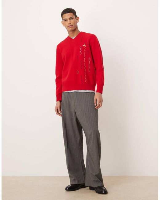 House Of Sunny Red More Spaghetti Jacquard Knit V-neck Jumper for men