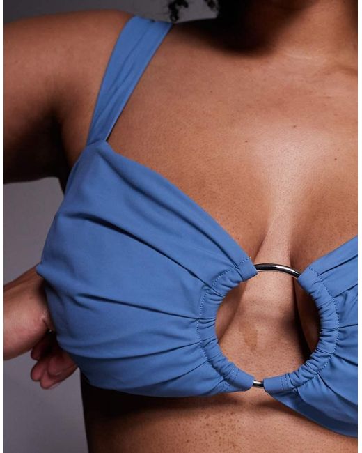 ASOS Blue Asos Design Curve Penelope Pleat Crop Bikini Top With Hoop Detail