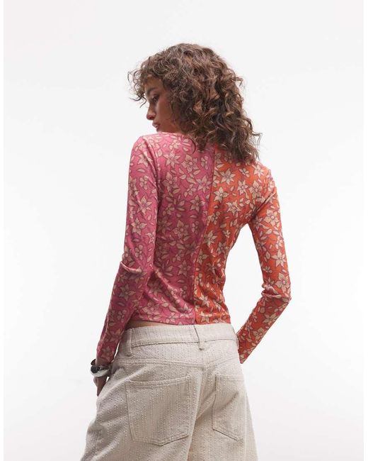 Reclaimed Vintage Pink Slash Neck Spliced Floral Print Long Sleeve Top