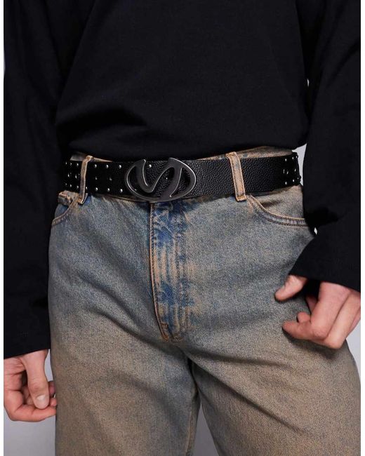 ASOS Gray Faux Leather Belt With Molten Oval Buckle And Studded Eyelet Faux Leather Belt for men