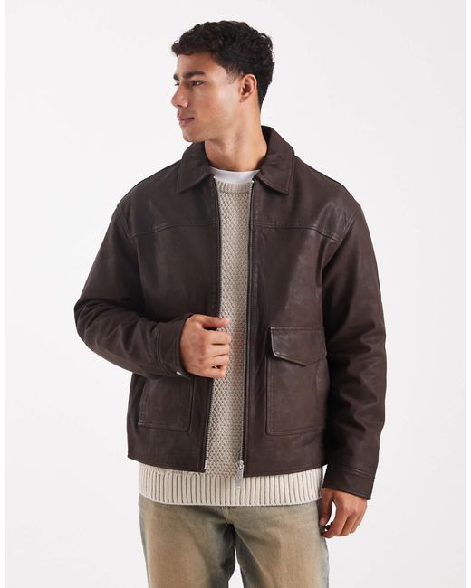 Jack & Jones – harrington-lederjacke in Brown für Herren