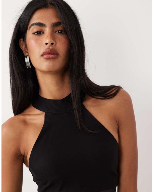 Vesper Black Bengaline High Neck Mesh Insert Maxi Dress