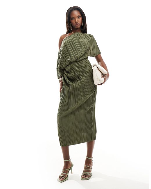 ASOS Green Plisse Fallen Shoulder Midi Dress