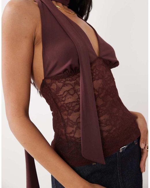Gina Tricot Brown Lace Plunge Top With Scarf