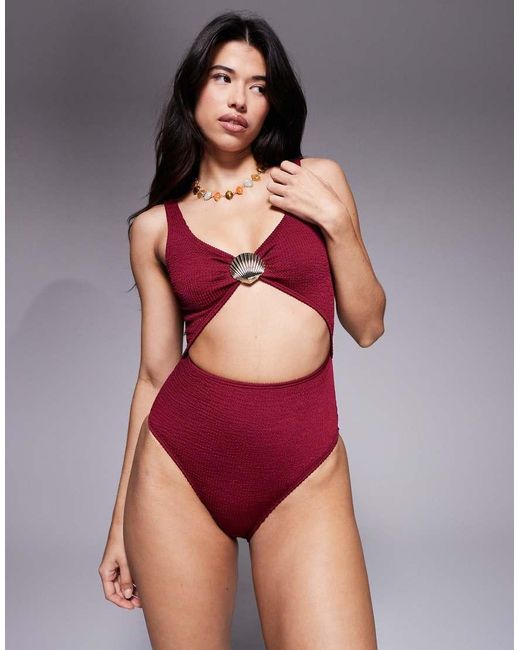 South Beach Red Cutout Crinkle Swimsuit With Shell Hardware