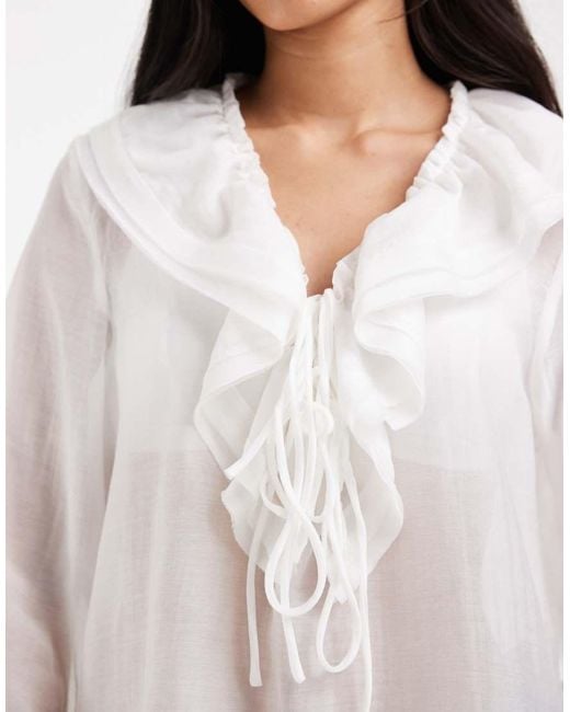 ONLY White Tie Front Blouse With Ruffle Detail