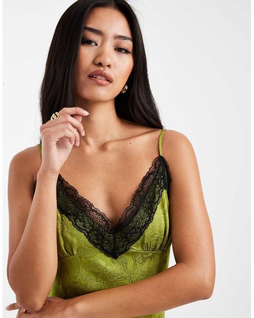 Miss Selfridge Green Jacquard And Lace Midi Dress