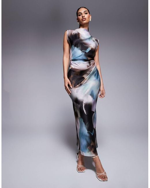 ASOS Blue Satin High Neck Pleated Bodice Midi Dress