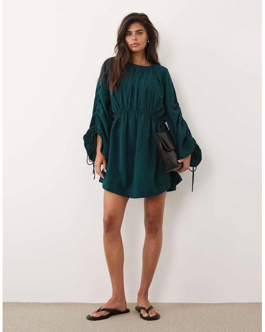 ASOS Blue Crew Neck Mini Dress With Ruched Waist Channel And Blouson Sleeves