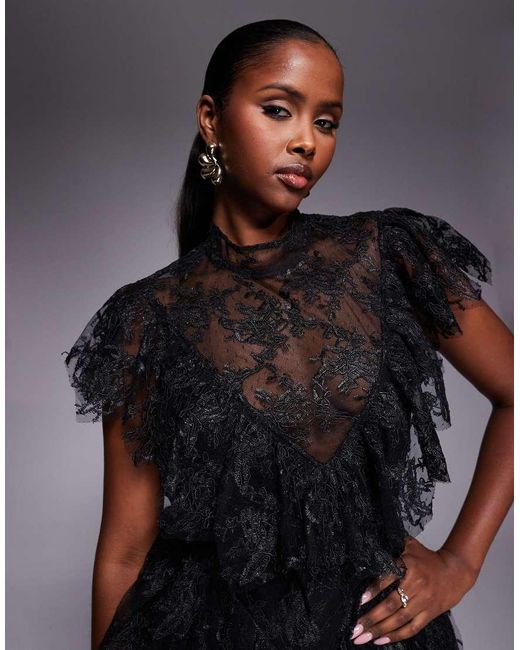 Bardot Black Tarryn High Neck Lace Ruffle Detail Scalloped Hem Mini Dress