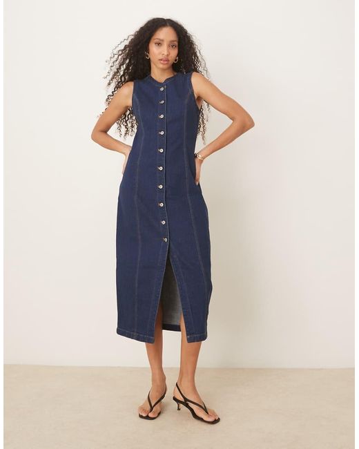 Abercrombie & Fitch Mouwloze Denim Midi-Jurk Met Knoopsluiting in het Blue