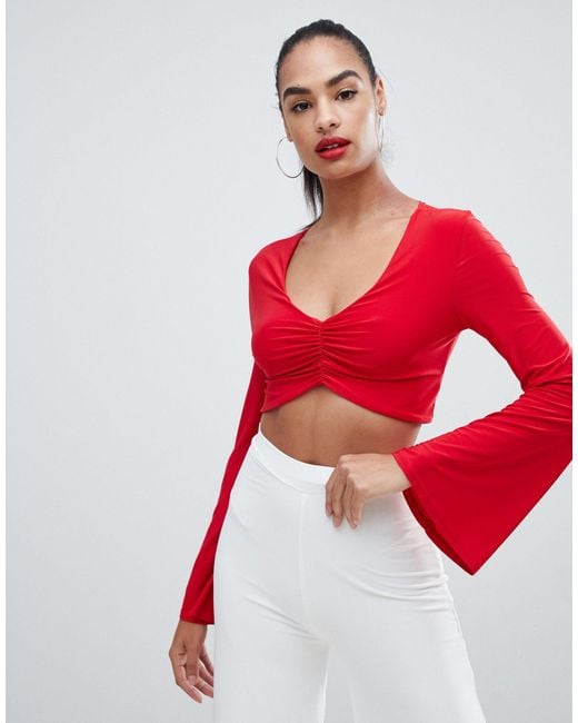 PrettyLittleThing Slinky V Neck Ruched Flare Sleeve Crop Top In