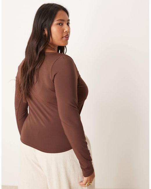 ASOS Brown Asos Design Curve Slinky Square Neck Ruched Front Long Sleeve Top With Lace