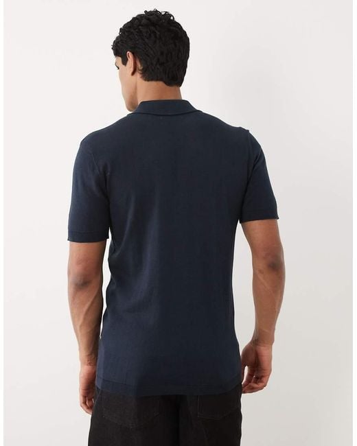 Blend Blue Cotton-mix Knitted Open Collar Regular Fit Polo for men