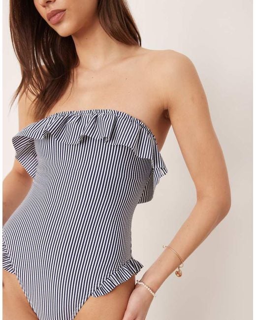 ASOS Blue Scarlet Stripe Bandeau Frill Swimsuit