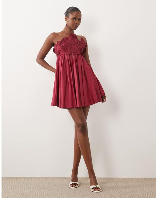 ASOS Red Trapeze Halter Mini Dress With Embroide Bodice