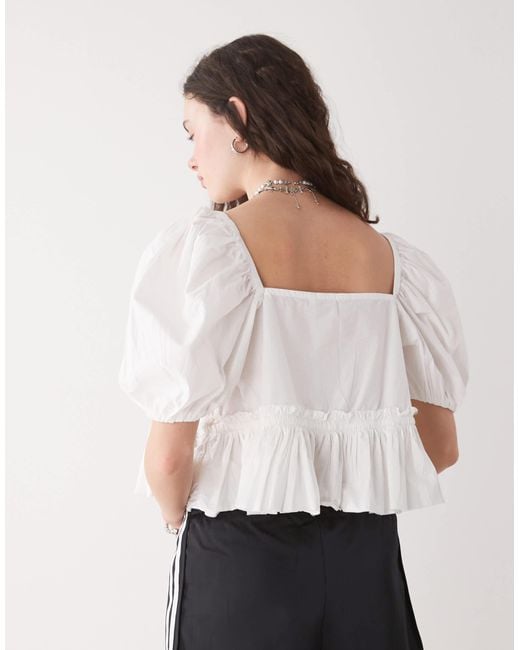 Monki White Puff Sleeve Milkmaid Peplum Blouse