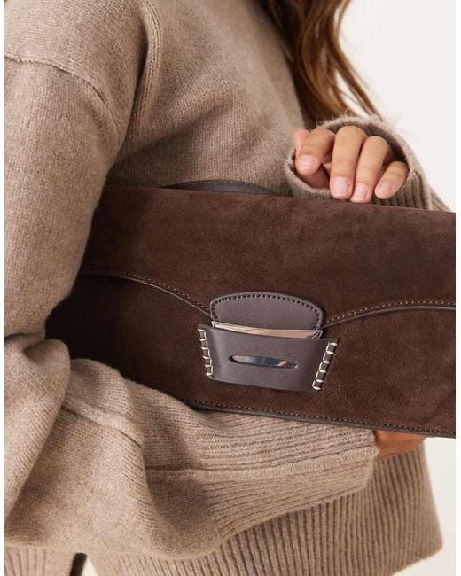 Mango Leren Schoudertas Met Contrasterende Stiksels in het Brown